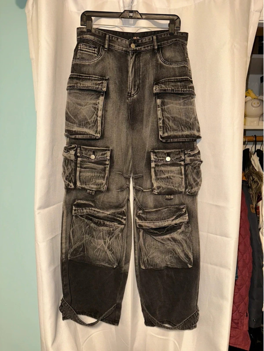 Ombre Multi Pocket Wide Leg  Baggy Streetwear Cargo Jeans XL